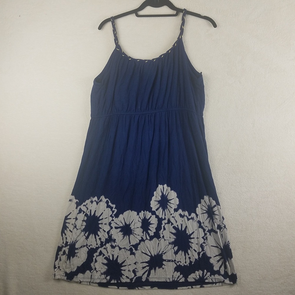 Style & Co Navy Blue White Floral Empire Waist Sun Dress Braided Straps Large